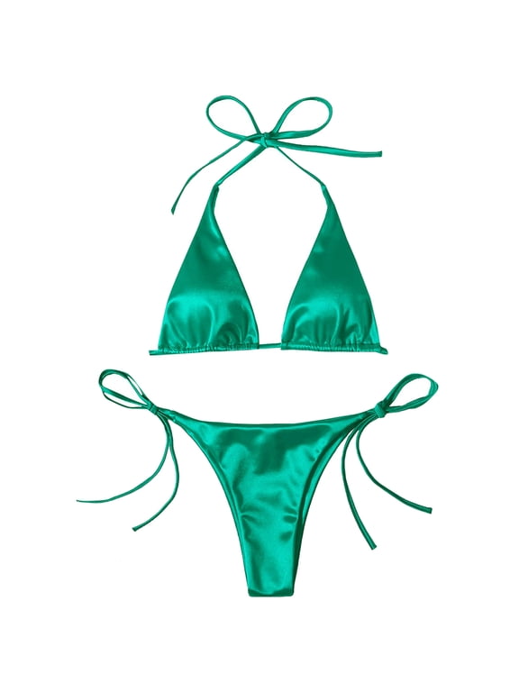 Women String Bikini Set Halter Side Tie Two Piece Swimsuit Triangle Bathing Suits(M,Mint Green)