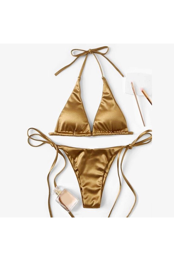 Women String Bikini Set Halter Side Tie Two Piece Swimsuit Triangle Bathing Suits(S,Khaki)