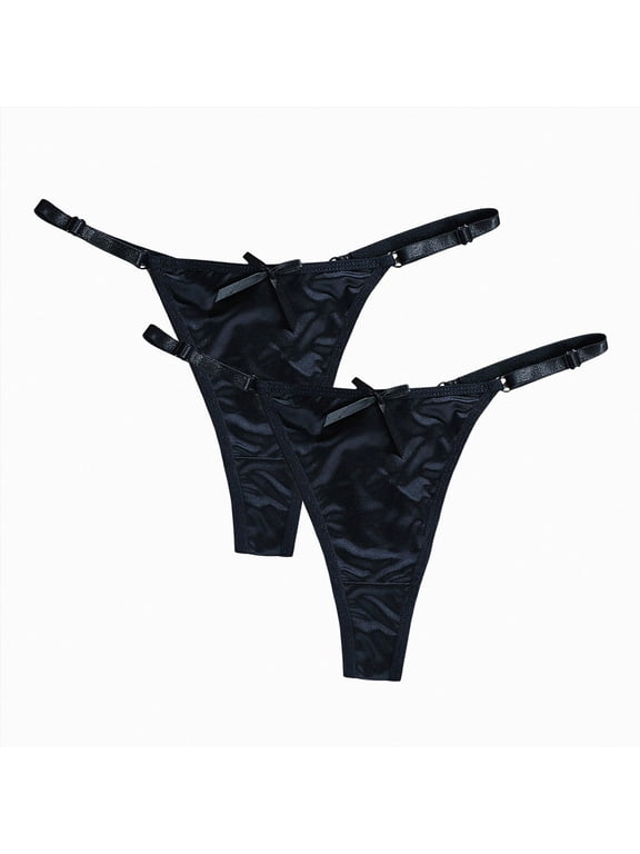 Women's 2 Pack Satin G String Thongs Low Rise Silky Sexy Thongs Panties Underwear (Black-2,L)