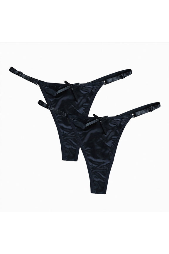 Women's 2 Pack Satin G String Thongs Low Rise Silky Sexy Thongs Panties Underwear (Black-2,M)