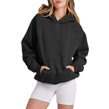 HCNTES Women's Casual Color Block/Solid Hoodies Long Sleeve Pullover Tops Loose Lightweight Sweatshirt with Pocket（Black,L)