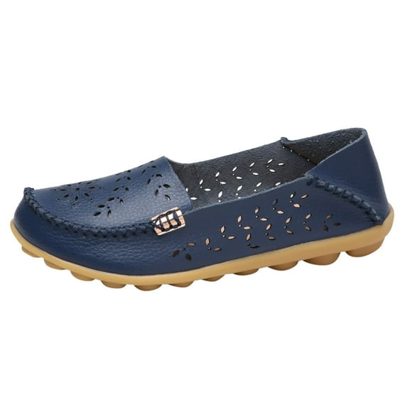 HCNTES Women's Classic Casual Leather Flats Cute Slip On Comfort Walking Flats Lightweight Work Shoes(Dark Blue,39)