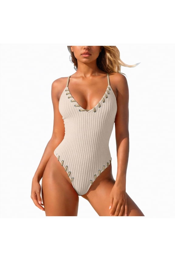 Women's Criss Cross One Piece Swimsuits V Neck Binding Ribbed Swimwear High Cut Bathing Suit(Beige,S)