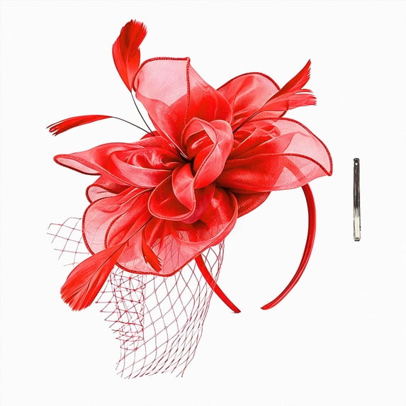HCNTES Women's Fascinators Tea Party Wedding Mesh Flower Pearl Feather Fascinator Hat with Headband and Clip Red
