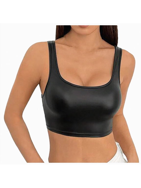 Women's Faux PU Leather Square Neck Sleeveless Shirts Slim Fit Casual Latex Tank Crop Mini Top (Black-b,M)