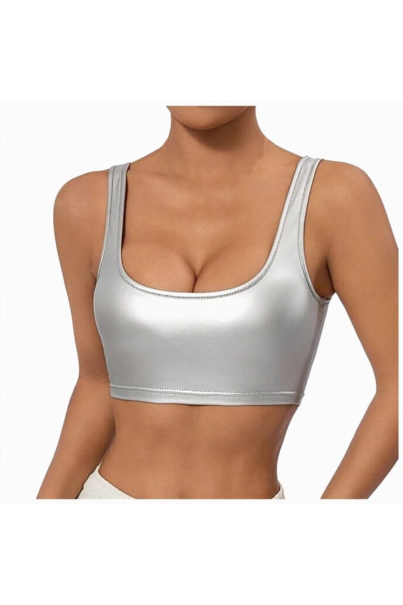 Women's Faux PU Leather Square Neck Sleeveless Shirts Slim Fit Casual Latex Tank Crop Mini Top (Silver-b,M)