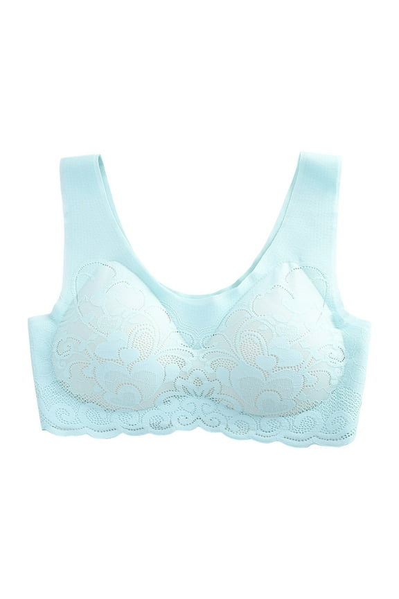 Women's Floral Lace Bra Plus Size Firm Hold Non Wired Non Padded Full Coverage（Blue,L)