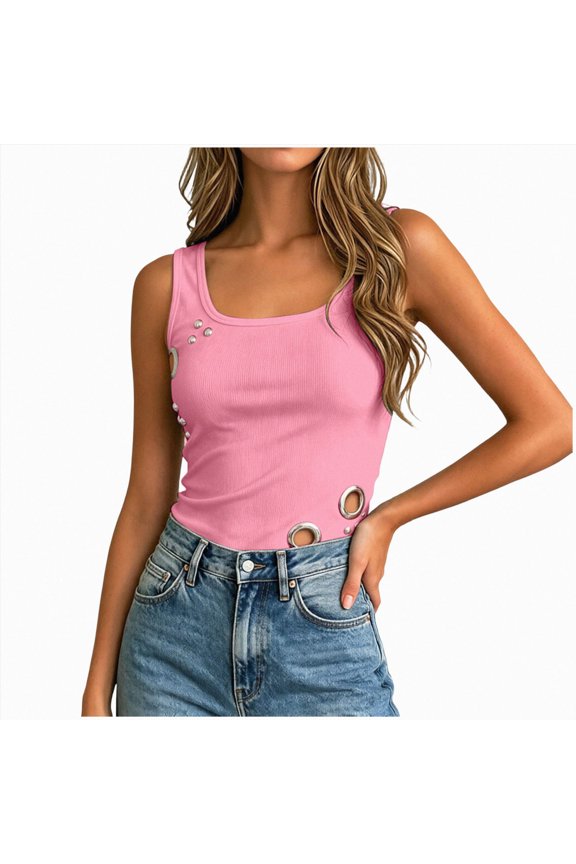 Women's Grommet Tank Top Silver Eyelets Ribbed Sqaure Neck Crop Top Sleeveless Slim Fitted Cami Going Out Tops (Pink,L)