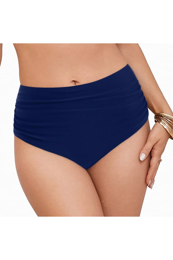 Women's High Waisted Retro Bikini Bottoms Tummy Control Swimwear Full Coverage Dark Blue,S
