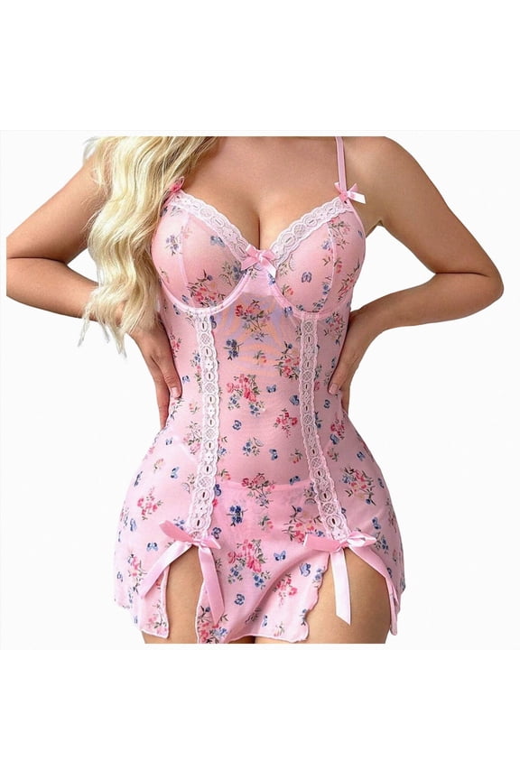 Women's Lingerie Nightwear Spaghetti Strap Nightgown Babydoll Chemise Floral Lace Edge Sleepwear (Pink,M)