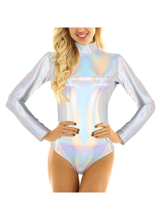 Long Sleeve Metallic Bodysuit Women Shiny Dance Leotard Turtleneck Latex Bodysuit,XXL Silver