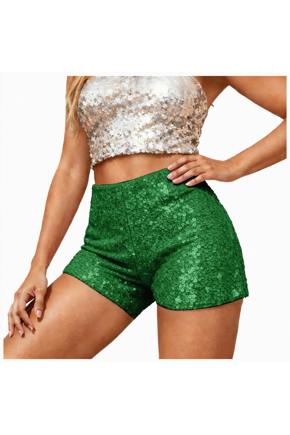 Women's Plus Size Glitter Sequin Shorts Elastic Waist Party Y2K Mini Shorts (Green,L)