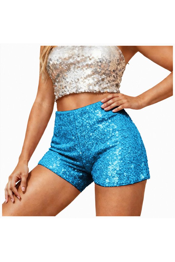 Women's Plus Size Glitter Sequin Shorts Elastic Waist Party Y2K Mini Shorts (Sky Blue,S)