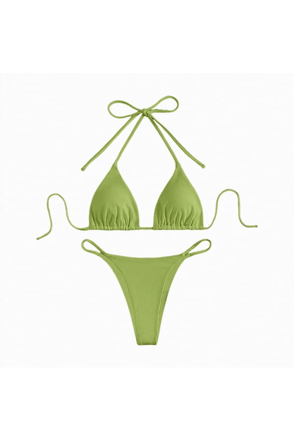 Women's Ribbed Bikini Sets Scoop Neck Cheeky Swimsuit Textured Two Piece Bathing Suit(Green,XS)