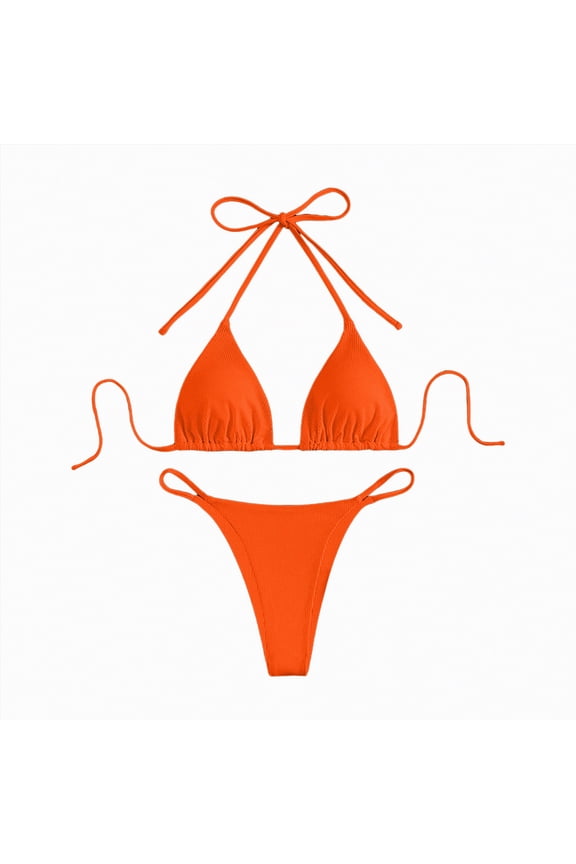 Women's Ribbed Bikini Sets Scoop Neck Cheeky Swimsuit Textured Two Piece Bathing Suit(Orange,M)