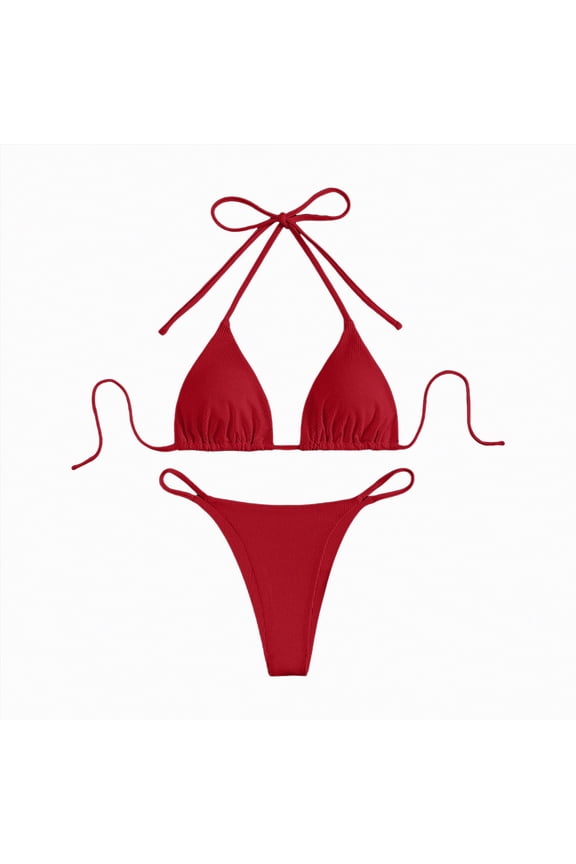 Women's Ribbed Bikini Sets Scoop Neck Cheeky Swimsuit Textured Two Piece Bathing Suit(Red,M)
