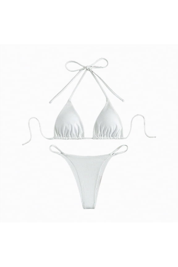 Women's Ribbed Bikini Sets Scoop Neck Cheeky Swimsuit Textured Two Piece Bathing Suit(White,L)