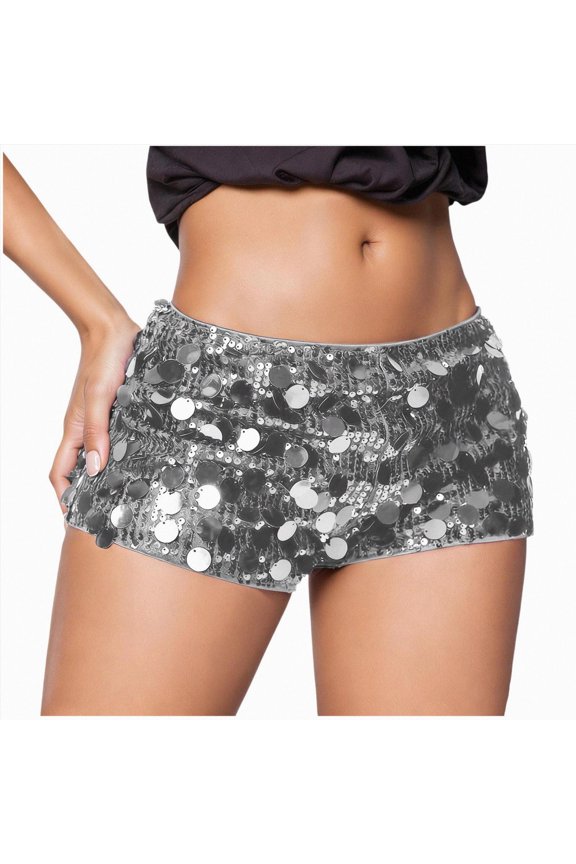 Women's Sequin Sparkly Straight Leg Shorts Shiny Low Waisted Skinny Party Going Out Shorts (Silver,S)
