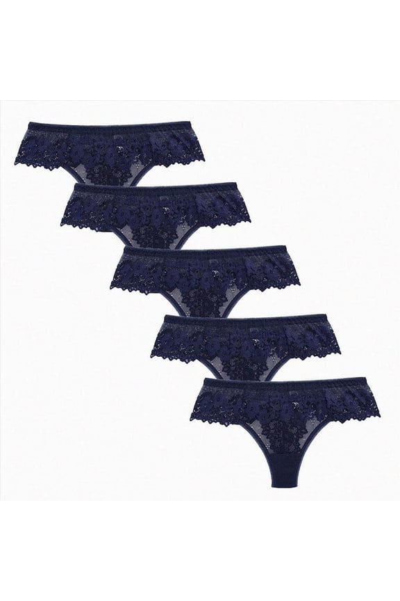 Women's Sexy Lace Thongs V Cheeky Underwear See Through Panties Pack of 5 (Dark Blue,L)