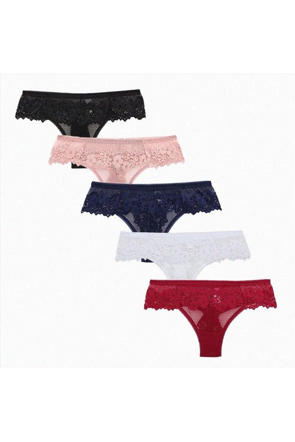 Women's Sexy Lace Thongs V Cheeky Underwear See Through Panties Pack of 5 (Multicolor,M)