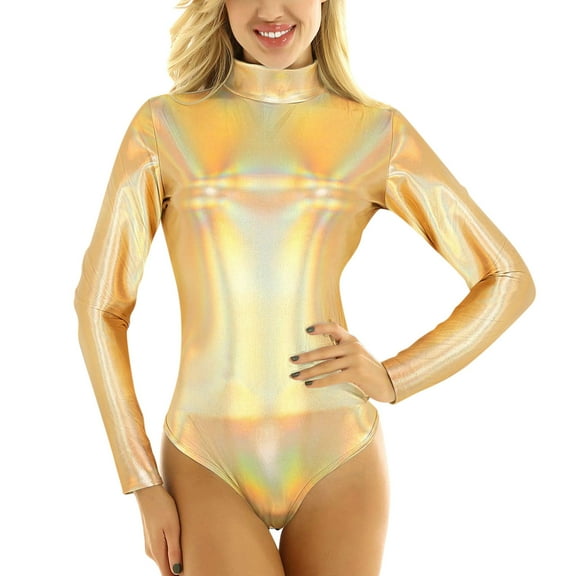 HCNTES Women's Shiny Metallic Spandex One Piece High Cut Thong Leotard Catsuit Gymnastics Bodysuit,XL Gold
