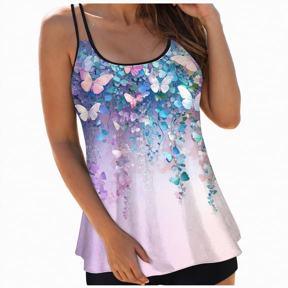 HCNTES Women's Tankini Swimsuits Two Piece Tummy Control Bathing Suits Flyaway Swim Top with Shorts Modest Swimwear(XXXL,a102-Purple)