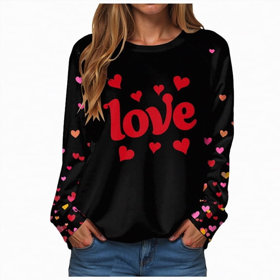 HCNTES Womens Girls Valentines Day Long Sleeve Love Heart Print Top T-Shirt Spring Casual Fashion Crew Neck Pullover Sweatshirt Comfortable Trendy Leisure Wear(A01-Black,3XL)