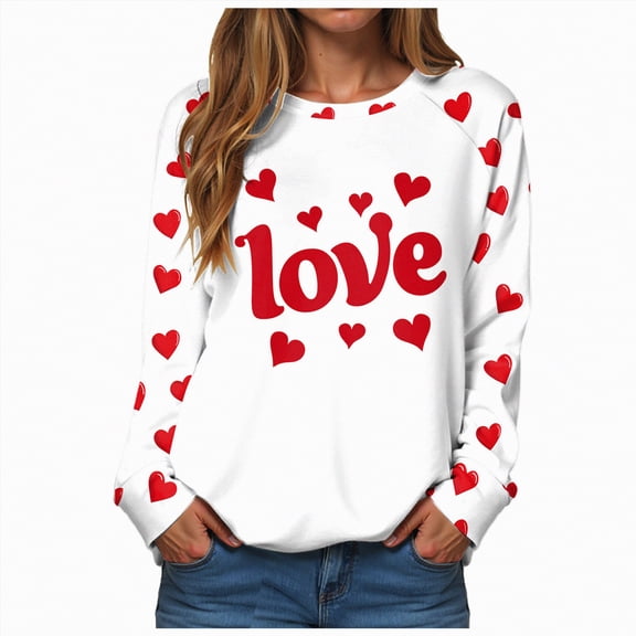 HCNTES Womens Girls Valentines Day Long Sleeve Love Heart Print Top T-Shirt Spring Casual Fashion Crew Neck Pullover Sweatshirt Comfortable Trendy Leisure Wear(A01-White,4XL)