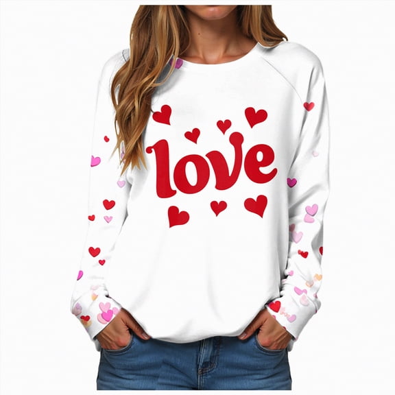 HCNTES Womens Girls Valentines Long Sleeve Love Heart Print T-Shirt Top Spring Casual Round Neck Pullover Comfortable Classic Sweatshirt Trendy Wear(A-Pink,4XL)
