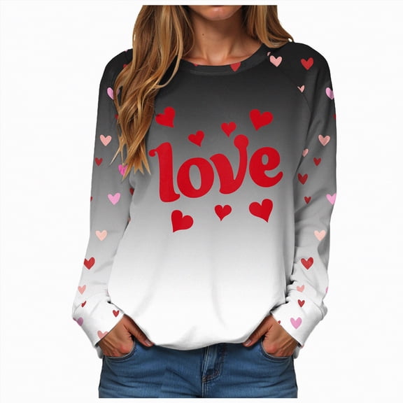 HCNTES Womens Girls Valentines Spring Long Sleeve Love Heart Print T-Shirt Casual Crew Neck Sweatshirt Fashion Leisure Wear Tops(Grey,L)