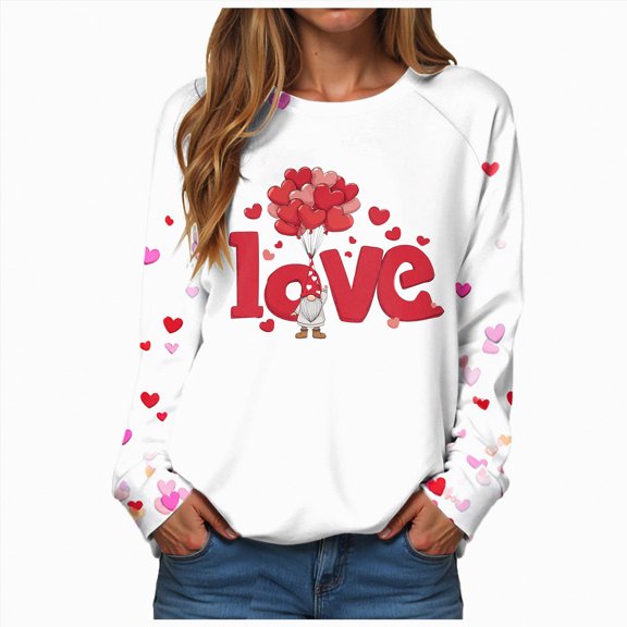 HCNTES Womens Girls Valentines Spring Long Sleeve Love Heart Print T-Shirt Casual Crew Neck Sweatshirt Fashion Leisure Wear Tops(Light Pink,3XL)