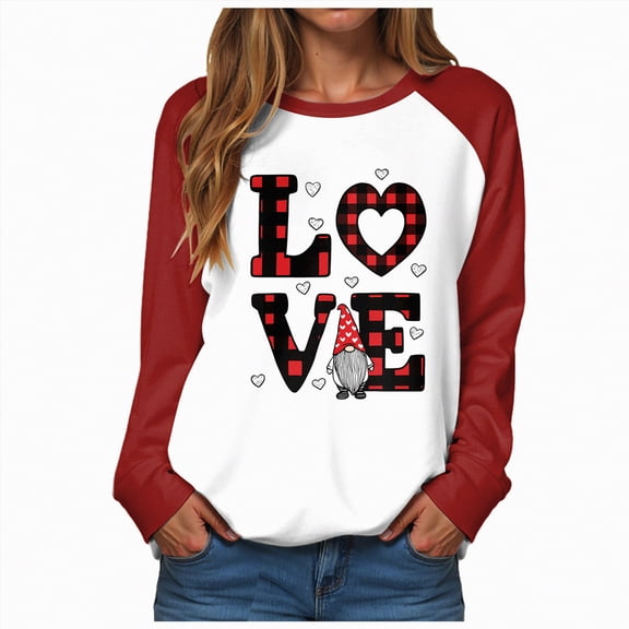 HCNTES Womens Girls Valentines Spring Long Sleeve Love Heart Print T-Shirt Crew Neck Pullover Casual Fashion Comfortable Leisure Outfit(A01-Brick Red,L)