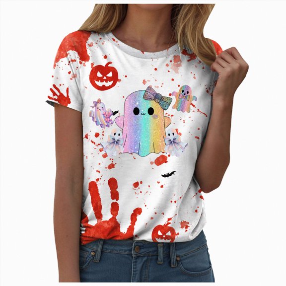 HCNTES Womens Halloween Pumpkin Shirts Funny Pumpkin Fall Graphic Tees Tops Cute Thanksgiving Casual Short Sleeve(XXL,A399-Red)