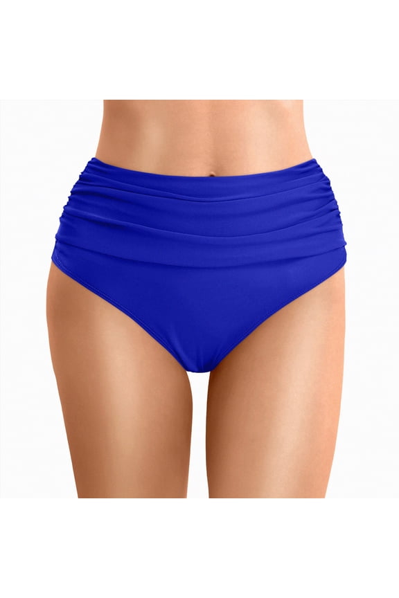 Womens High Waisted Bikini Bottoms Scrunch Tummy Control Full Coverage Retro Swimwear Blue,XL