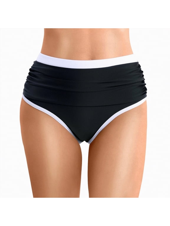 Womens High Waisted Swim Bottom Retro Triangle Bikini Bottoms Tummy Control Scrunch Swimwear Black,3XL
