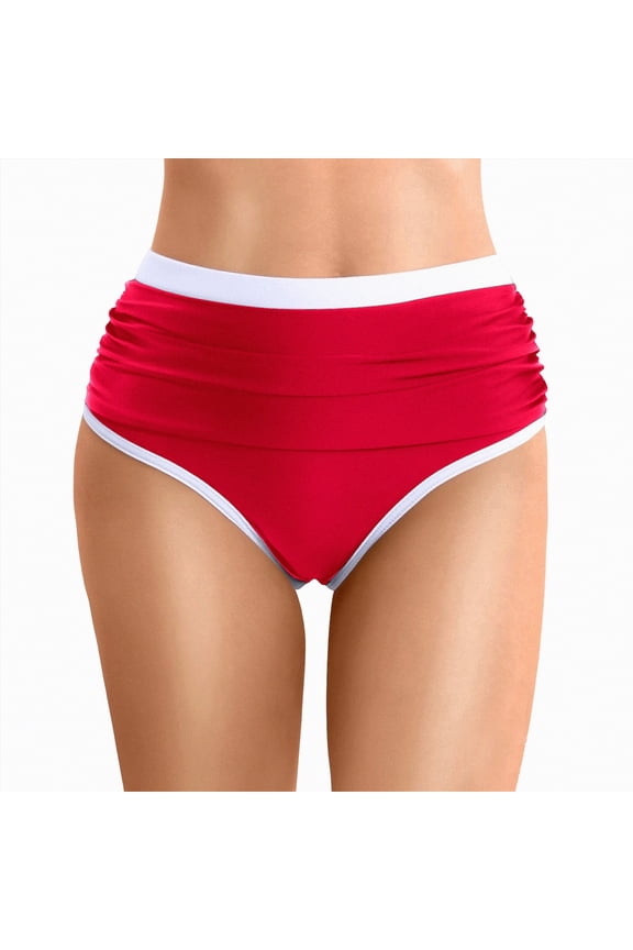 Womens High Waisted Swim Bottom Retro Triangle Bikini Bottoms Tummy Control Scrunch Swimwear Red,5XL
