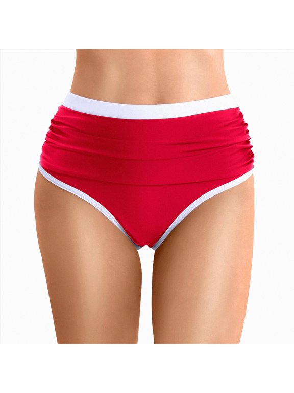 Womens High Waisted Swim Bottom Retro Triangle Bikini Bottoms Tummy Control Scrunch Swimwear Red,5XL