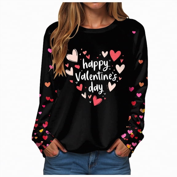 HCNTES Womens Ladies Valentine Day Long Sleeve Love Heart Print Crew Neck Pullover Sweatshirt Spring Casual Comfortable Top Classic Fashion Dailywear(Black,M)