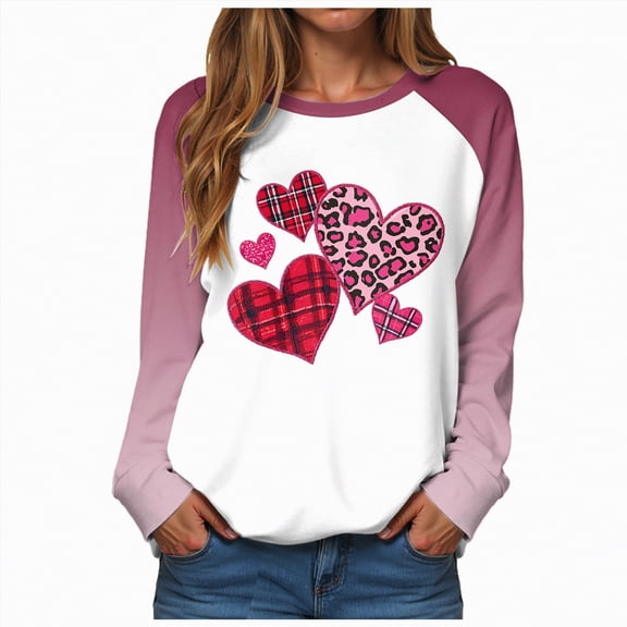 HCNTES Womens Ladies Valentine Spring Long Sleeve Love Heart Print Pullover Sweatshirt Casual Round Neck T-Shirt Comfortable Stylish Dailywear(A-Hot Pink,2XL)