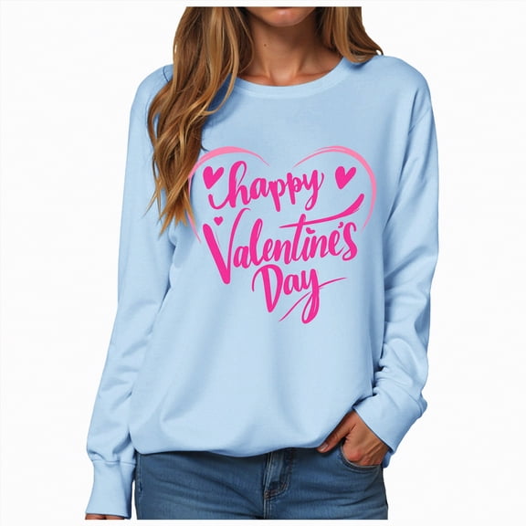 HCNTES Womens Ladies Valentines Day Long Sleeve Round Neck Love Heart Graphic T-Shirt Spring Casual Comfortable Fashion Top for Girls(Z261-Sky Blue,L)