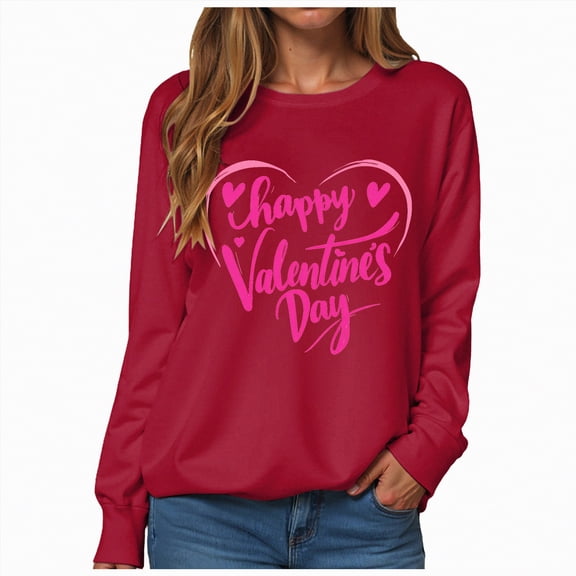 HCNTES Womens Ladies Valentines Day Long Sleeve Round Neck Love Heart Graphic T-Shirt Spring Casual Comfortable Fashion Top for Girls(Z259-Red,S)