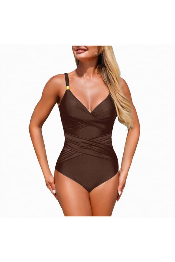 Womens One Piece Swimsuits V Neck Tummy Control Bathing Suit Criss Cross Back Slimming Swimwear with Drawstring(Coffee,XL)