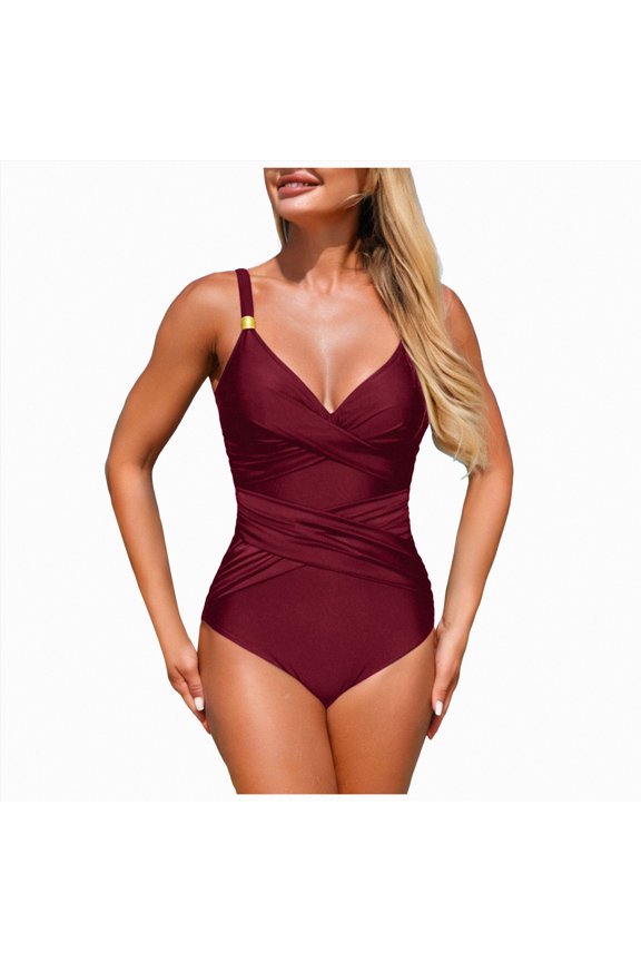 Womens One Piece Swimsuits V Neck Tummy Control Bathing Suit Criss Cross Back Slimming Swimwear with Drawstring(Wine,M)