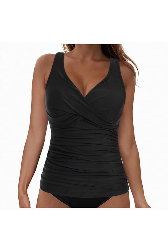 Womens Plus Size Tankini Tops Built-in Bra Bathing Suit Tops Casual Loose Blouson Swimsuits Tops(Black,XXL)