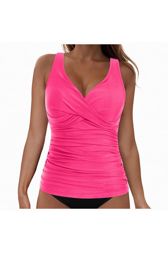 Womens Plus Size Tankini Tops Built-in Bra Bathing Suit Tops Casual Loose Blouson Swimsuits Tops(Hot Pink,XXL)