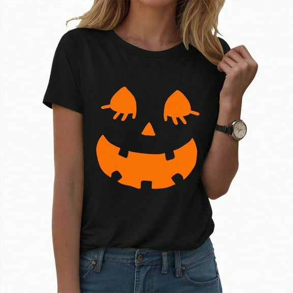 HCNTES Womens Pumpkin Spooky Halloween Shirts Cute Short Sleeve Grapghic Tee Yellow Ghost Orange Tops Fall(XL,A103-Black)