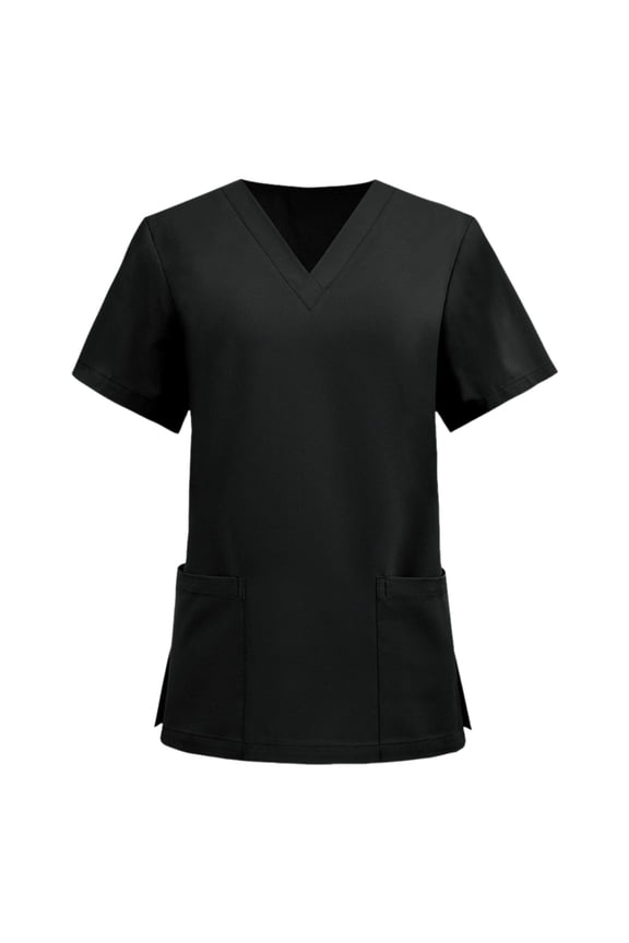 Womens Scrub Tops Summer Casual Solid Color Short Sleeve V Neck Nurse Uniform Work Blouse Loose Workout Pullover Shirt(Black,XXL)