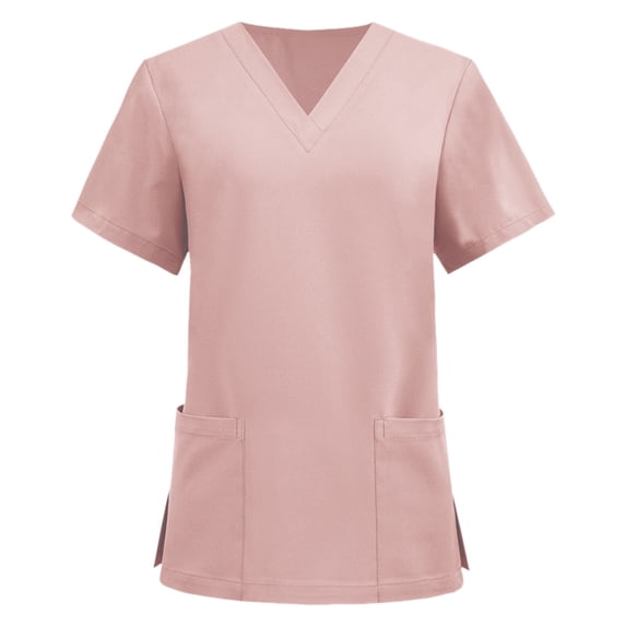 HCNTES Womens Scrub Tops Summer Casual Solid Color Short Sleeve V Neck Nurse Uniform Work Blouse Loose Workout Pullover Shirt(Pink,S)