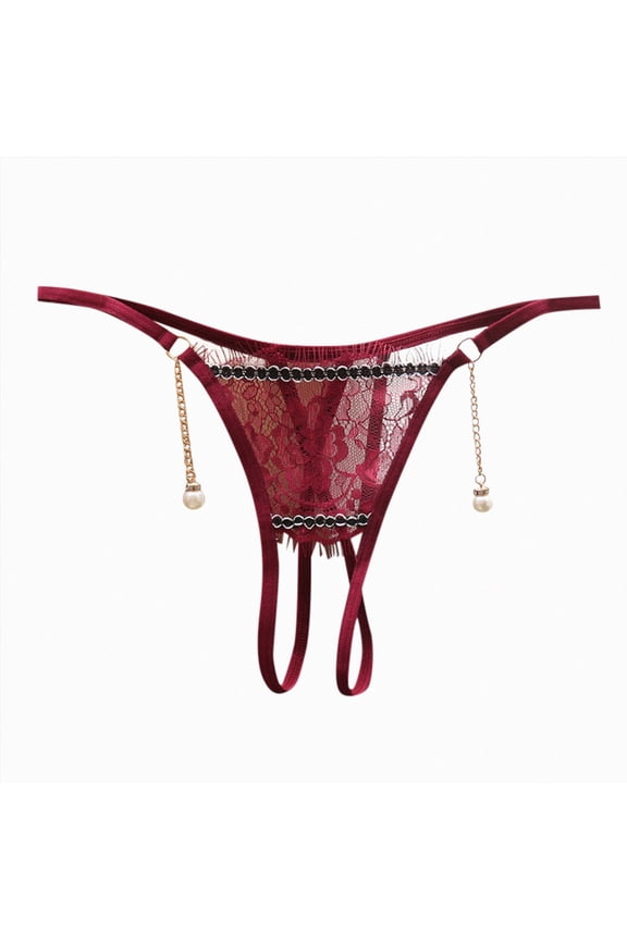 Womens Sexy Micro Pearls G-String Lingerie Thong Panty Sexy V-String Night Lingerie Underwear Wine