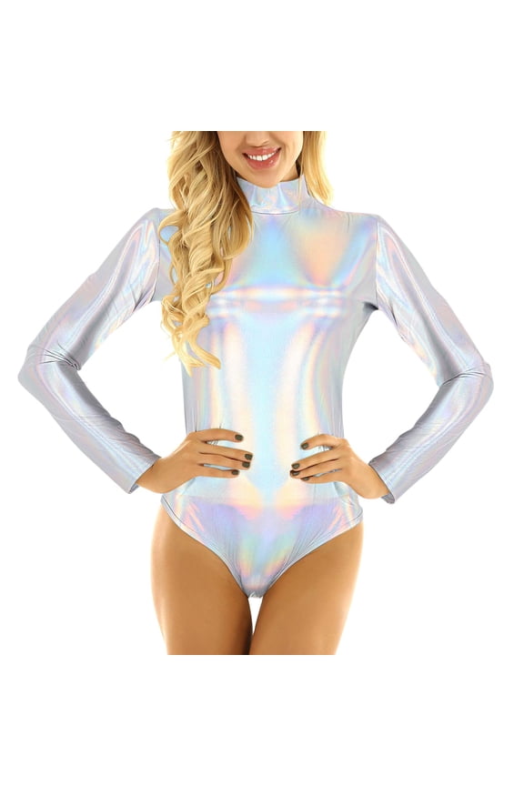 Women's Sleeveless Shiny Metallic Leotard Sparkly Turtleneck Bodysuit,M Silver